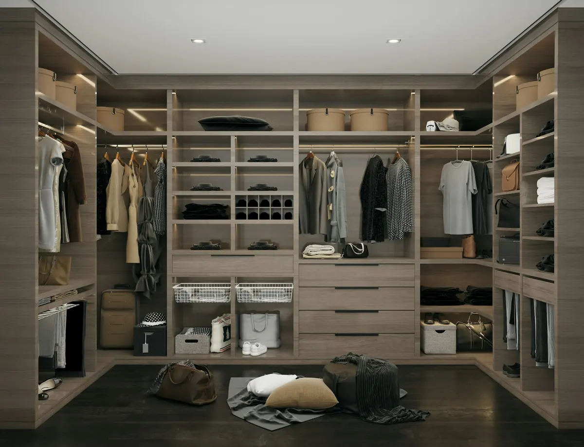 Closet em L com gaveteiro central e prateleiras organizadas