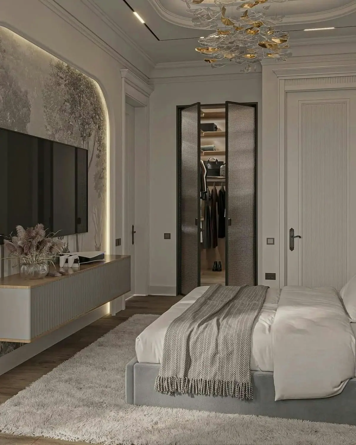 Dormitório integrado a closet com porta de vidro