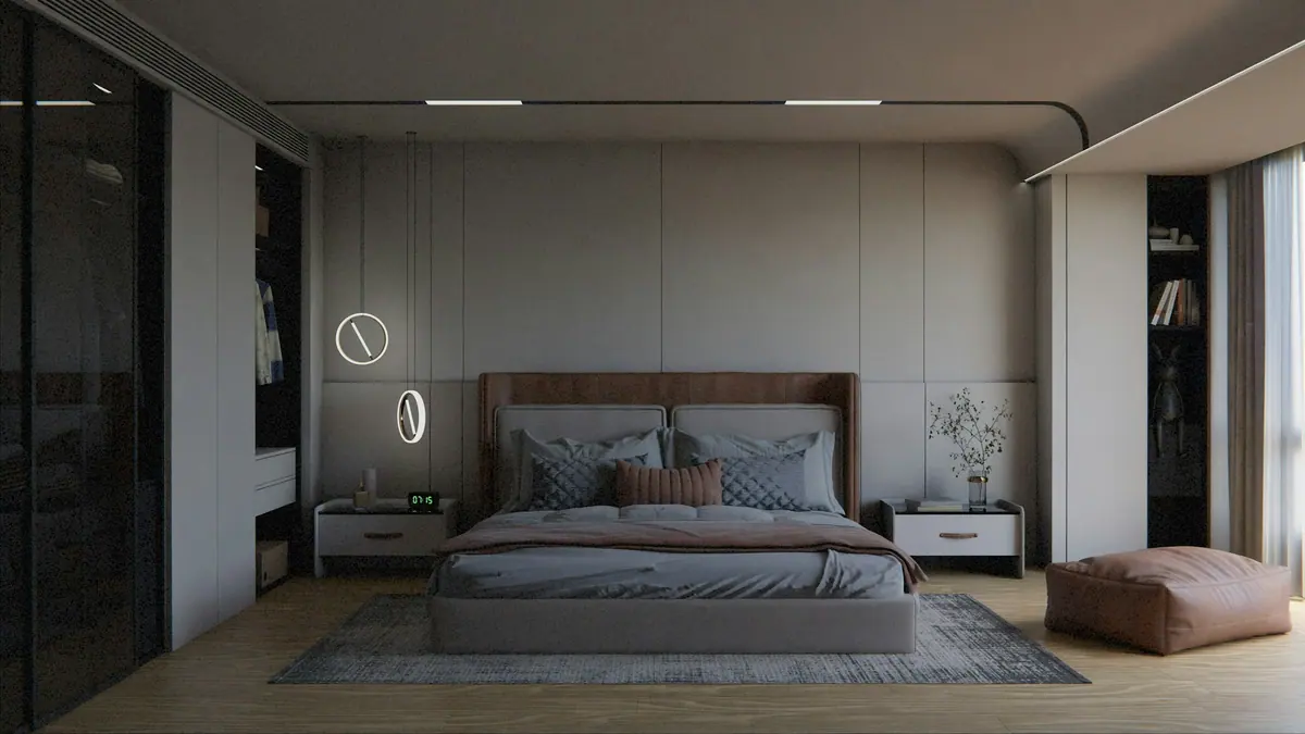 Quarto em tons de grafite com painel e iluminação embutida