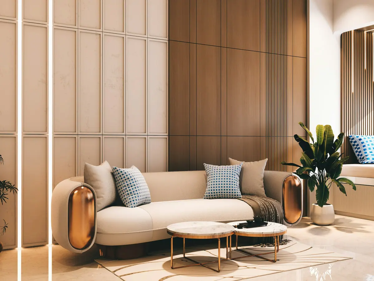 Sala de estar com boiserie em madeira e sofá curvo