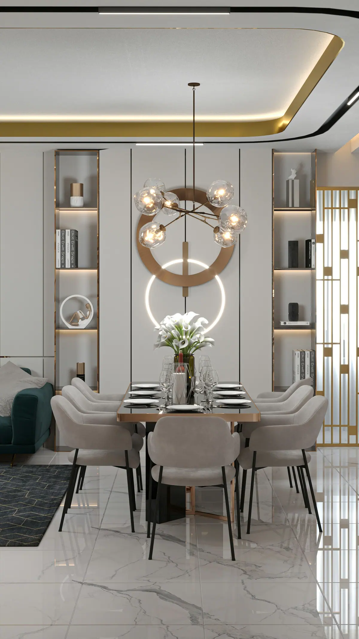 Sala de jantar com estantes iluminadas e lustre