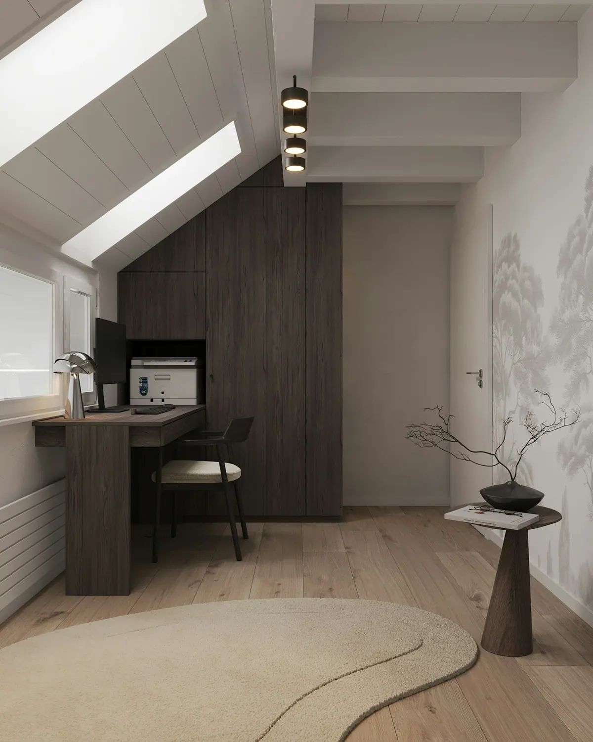 Escritório em casa com armário em madeira escura e luz natural