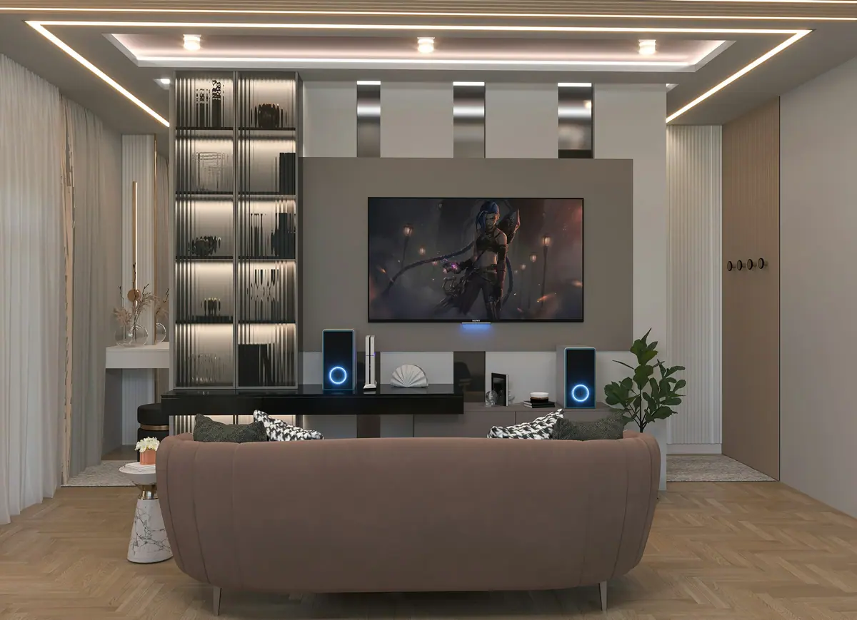 Home theater com estante iluminada do piso ao teto
